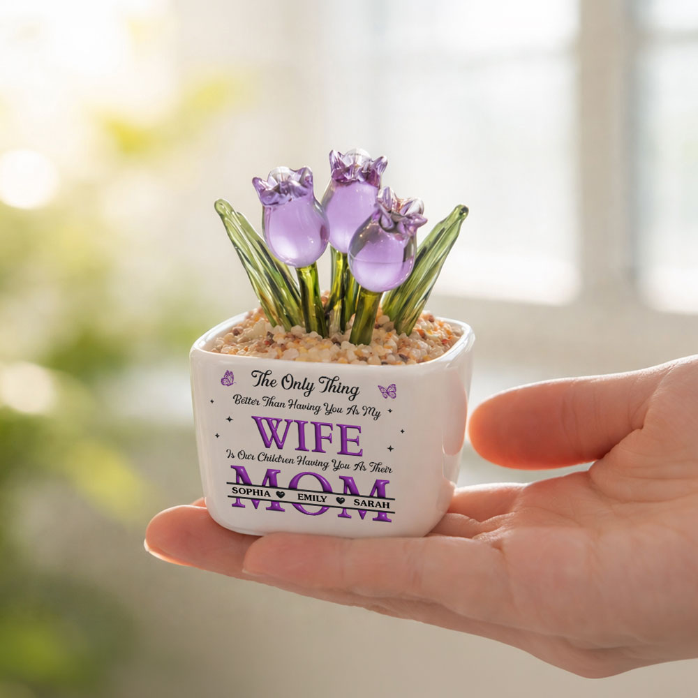 Custom Mother's Day Flower Keepsake, Glass Home Decor Gift for Mom • Wife To Mother Love - Personalized 3D Inflated Effect Glass Everlasting Tulips