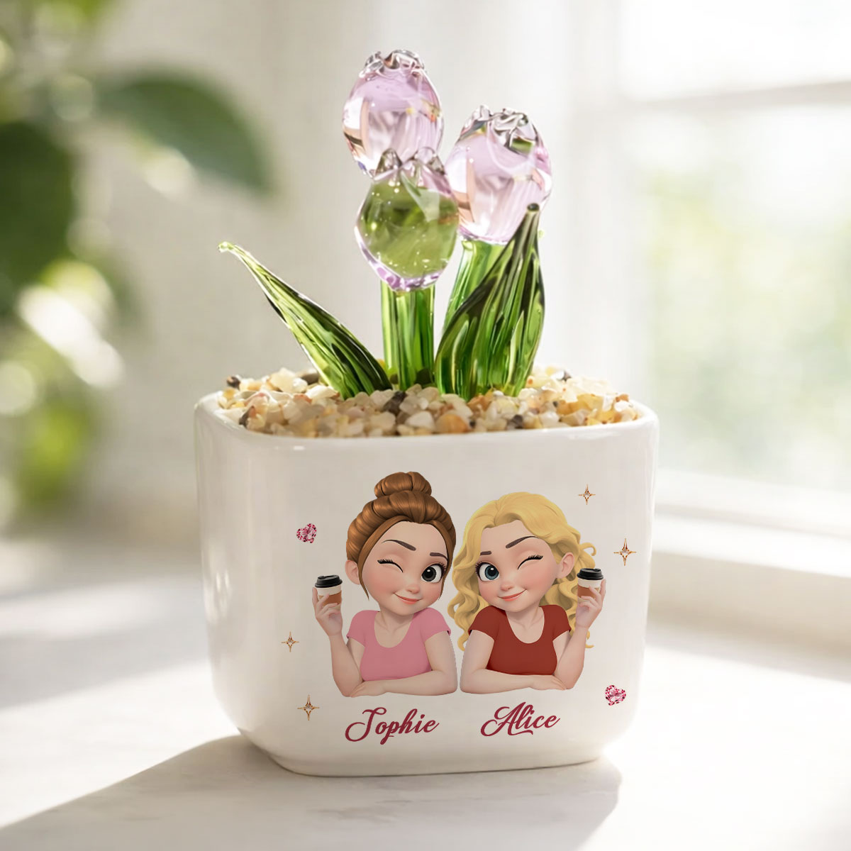 Custom Flower Keepsake, Glass Home Decor Gift for Best Friend • My Sister By Heart - Personalized Glass Everlasting Tulips