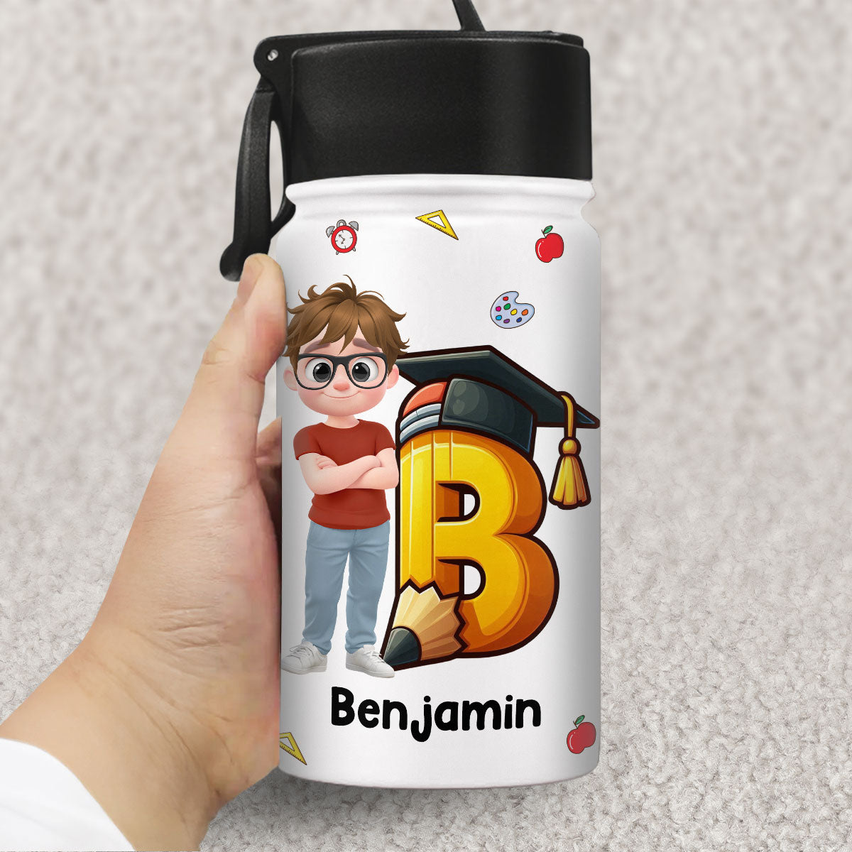 Alphabet Cartoonize Boy - Personalized 3D Inflated Effect Kids Water Bottle