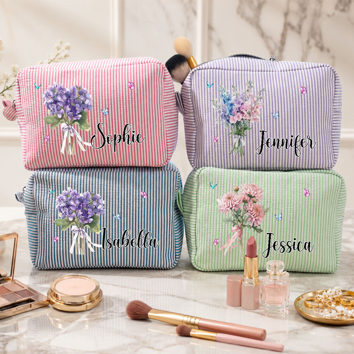 Custom Name & Birth Flower For Her, Wife, Daughter, Sister, Friends • Birth Month Flower - Personalized Seersucker Print Makeup Bag