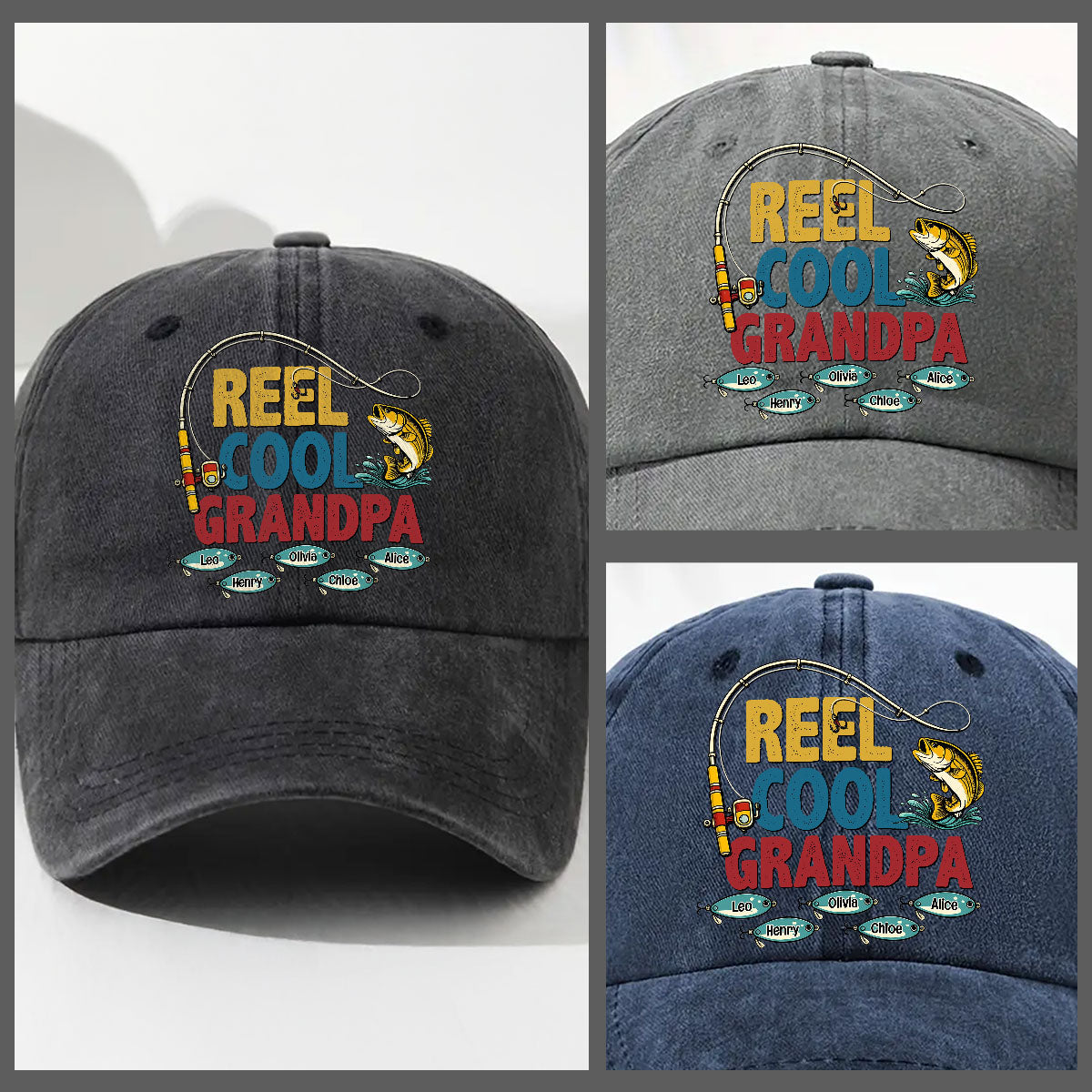 Custom Christmas Headwear Birthday Gifts for Grandpa • Reel Cool Grandpa - Personalized Vintage Washed Denim Cap