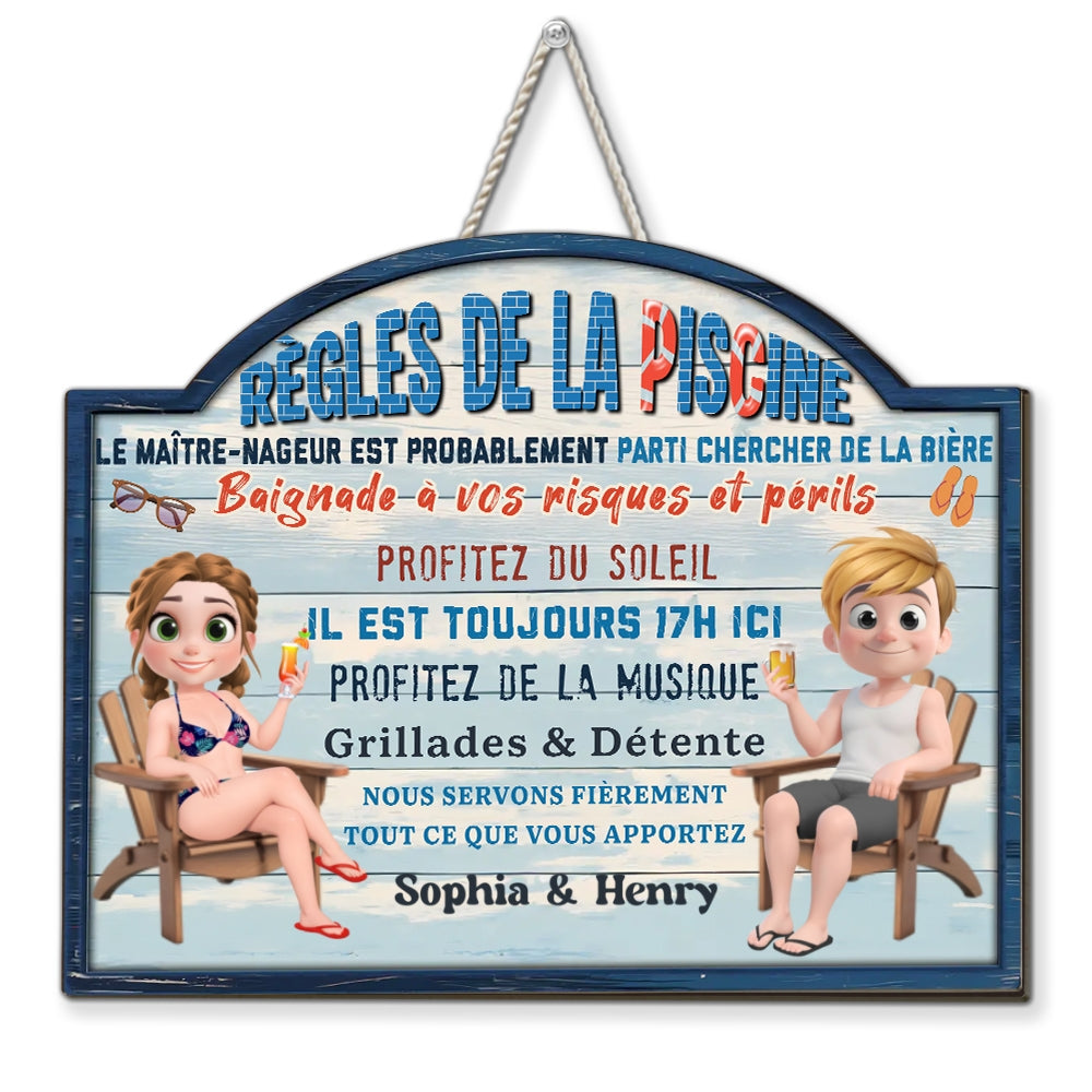 Custom Family Summer Backyard, Patio & Porch Decor • Règles De La Piscine - Panneau En Bois Personnalisé