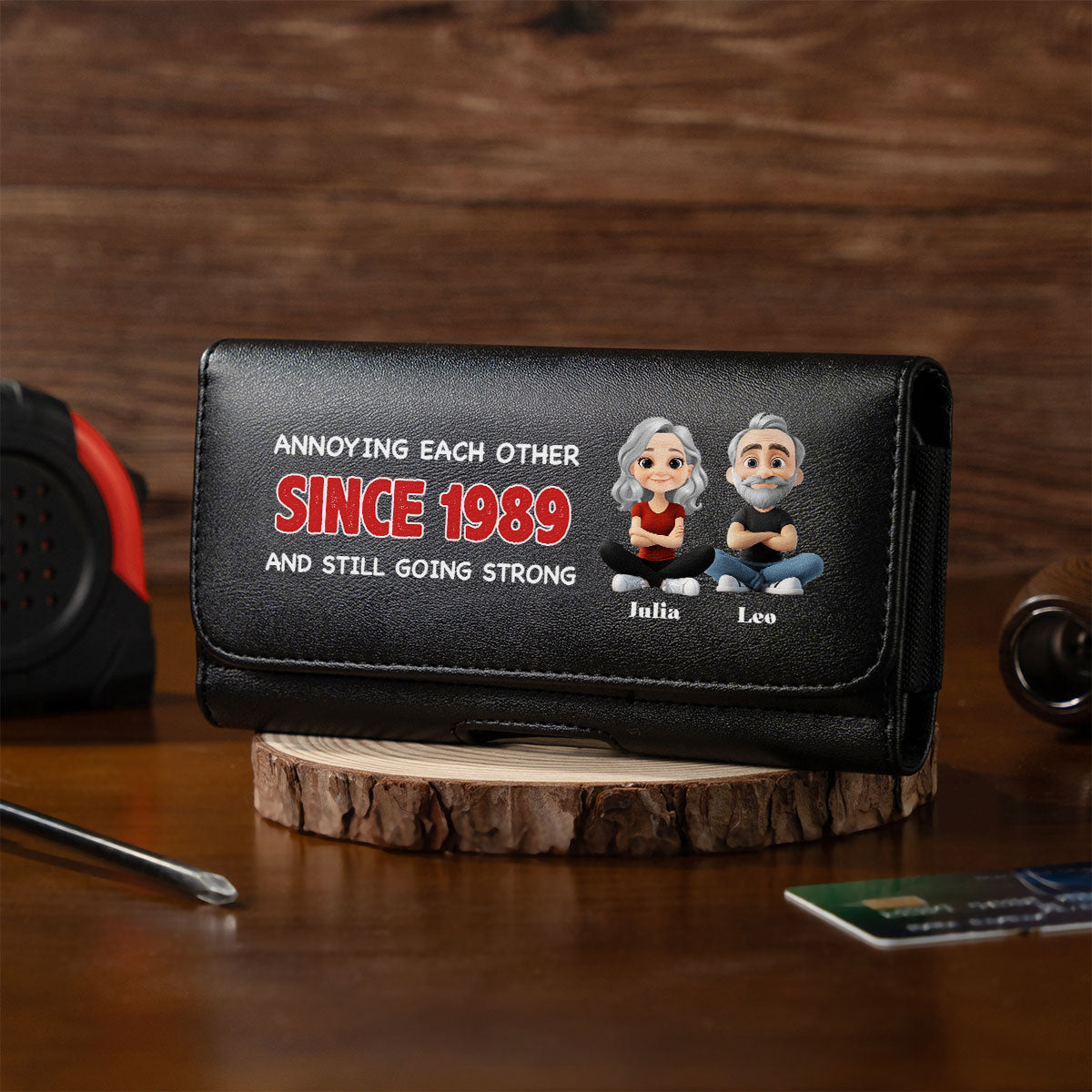 Together Forever - Personalized Leather Phone And Card Holster