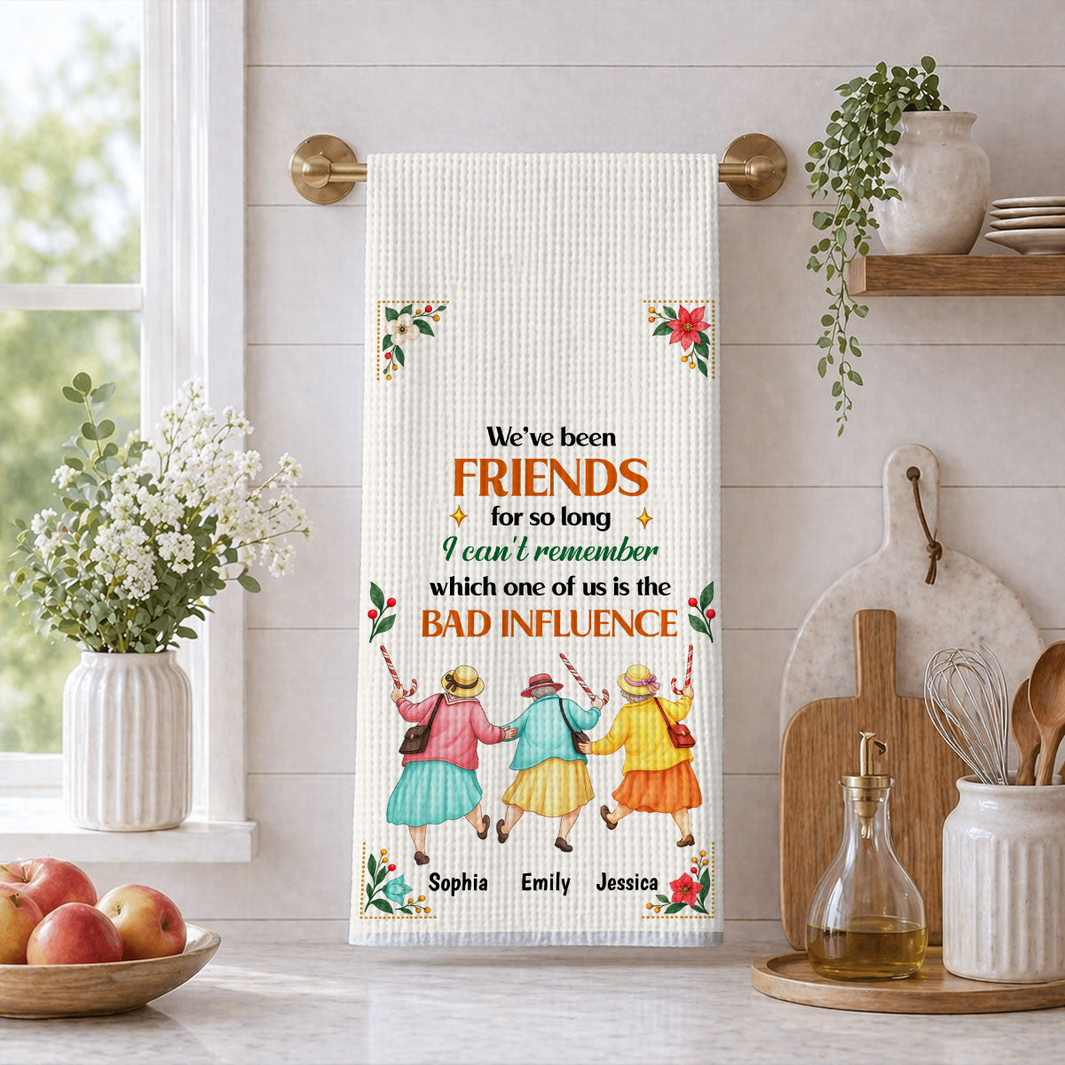 Custom Sister Kitchen Towel With Names, Birthday Christmas Gift For Sister Sibling • Bad Influence Besties - Personalized Kitchen Towel