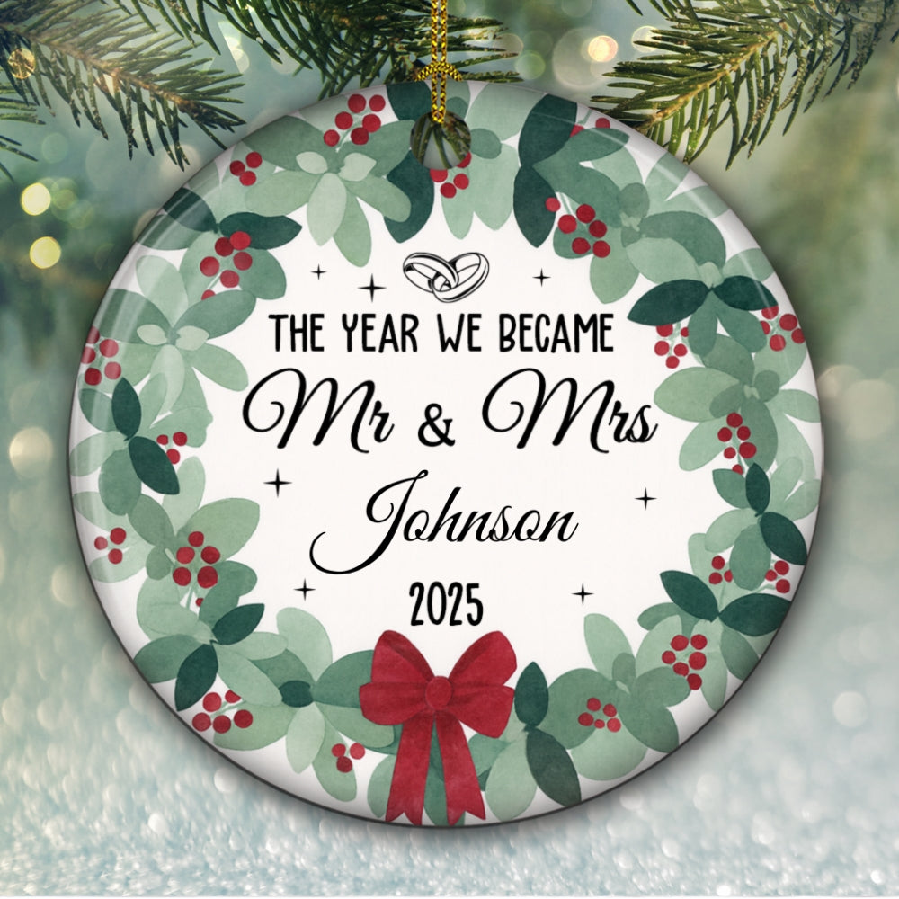 Custom First Christmas Ornament Married, Gift for Newlyweds •  Newlywed Bride Groom - Personalized Ceramic Ornament