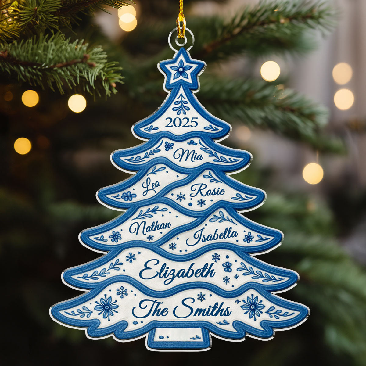 Custom Family Ornament, Christmas Gift for Family Members •  Delft Blue Christmas Tree - Personalized Acrylic Ornament