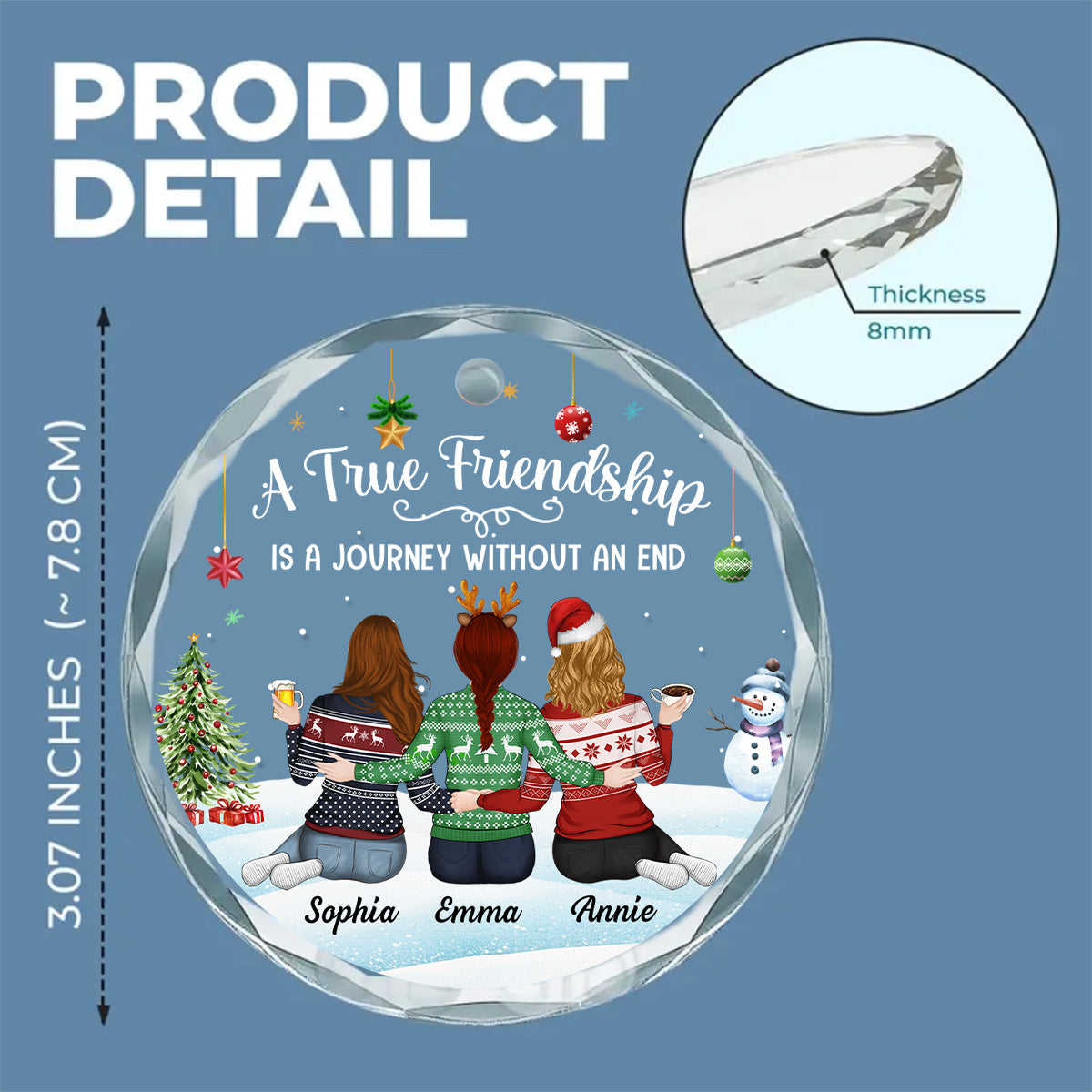 Custom Friendship Christmas Ornament, Best Friend Gift •  A Journey Without An End - Personalized Glass Ornament