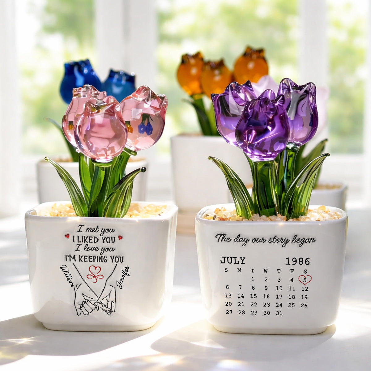 Custom Glass Flower Keepsake, Romantic Anniversary Gift for Wife • I Met You I Liked You I Love You - Personalized Glass Everlasting Tulips