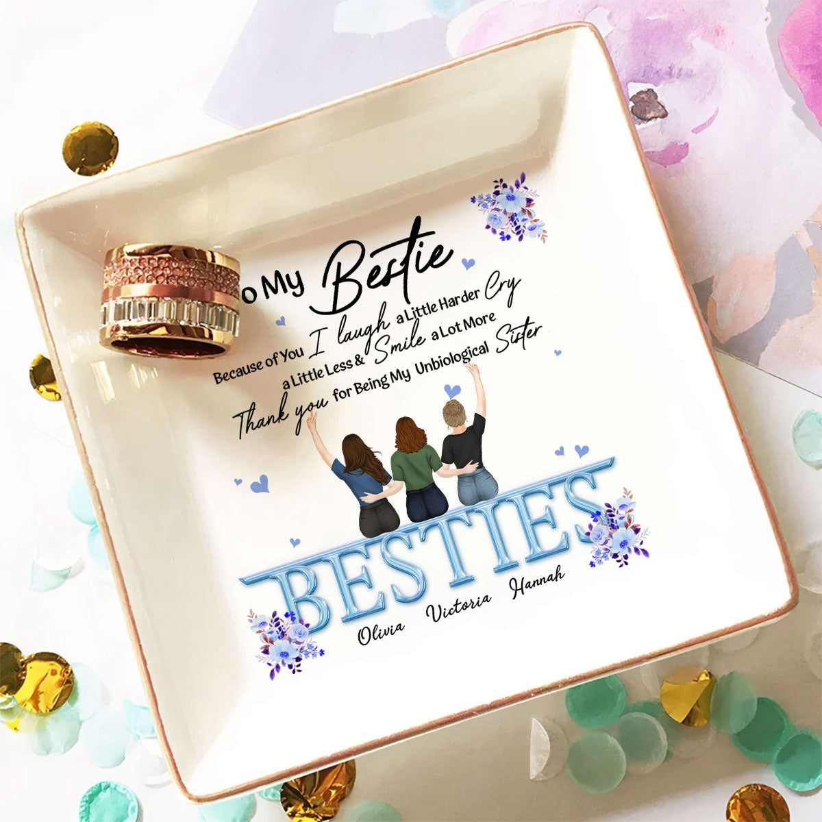 Custom Bestie Trinket Dish, Birthday Christmas Gift For Best Friend • Thank You I Laugh More Cry Less - Personalized Jewelry Dish