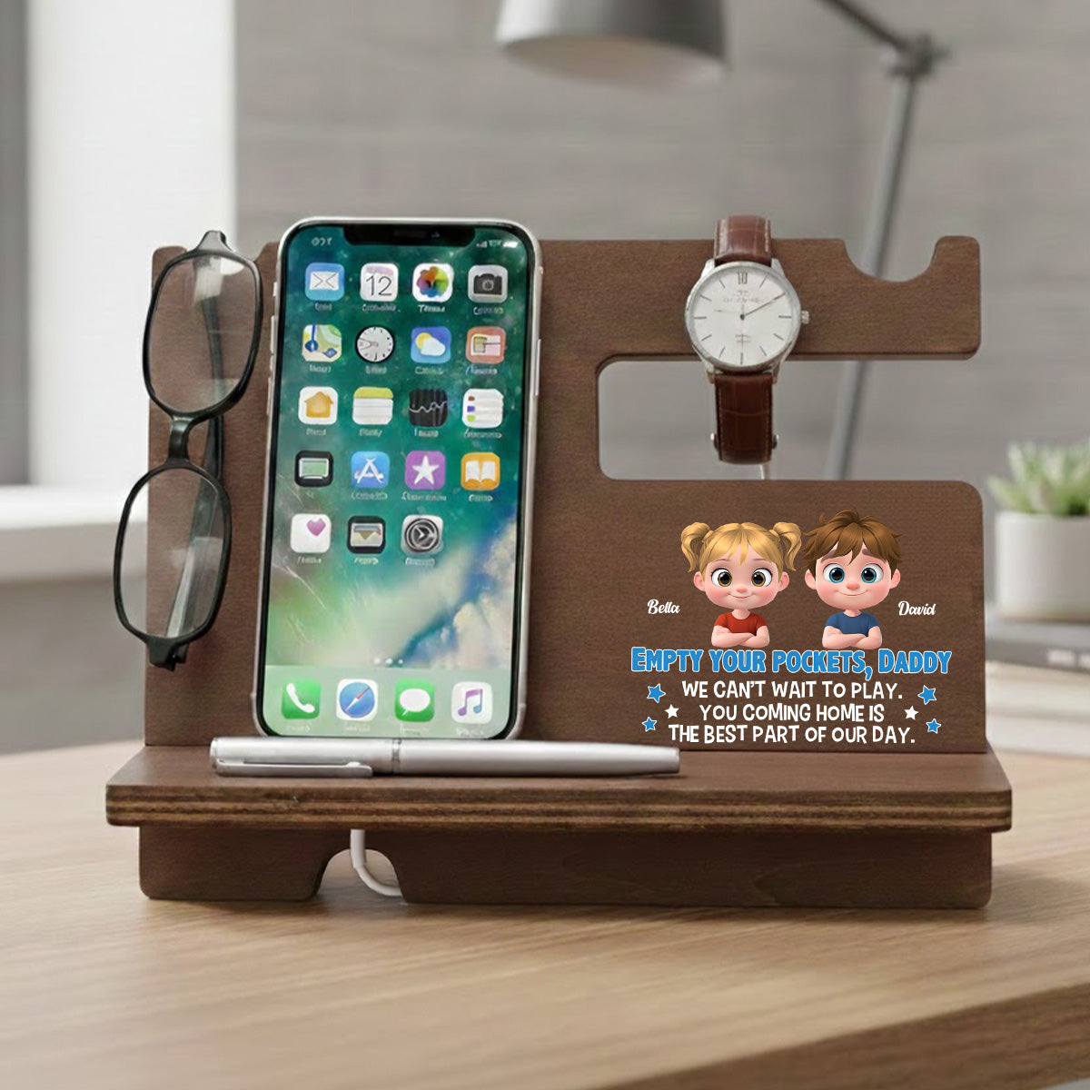 Empty Your Pockets Daddy - Personalized Wood Phone Docking Station