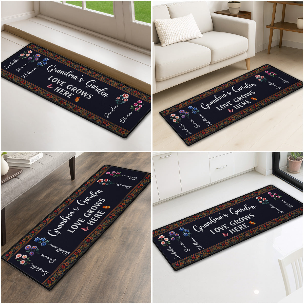 Custom Family Name Rug, Housewarming Birthday Gift For Grandma Grandparents • Love Grows Here - Personalized Runner Rug