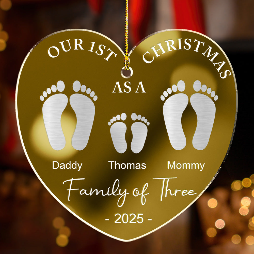 Custom First Christmas Ornament Married, Gift for Newlyweds •  First Christmas As A Family Footprints - Personalized Mirrored Acrylic Ornament