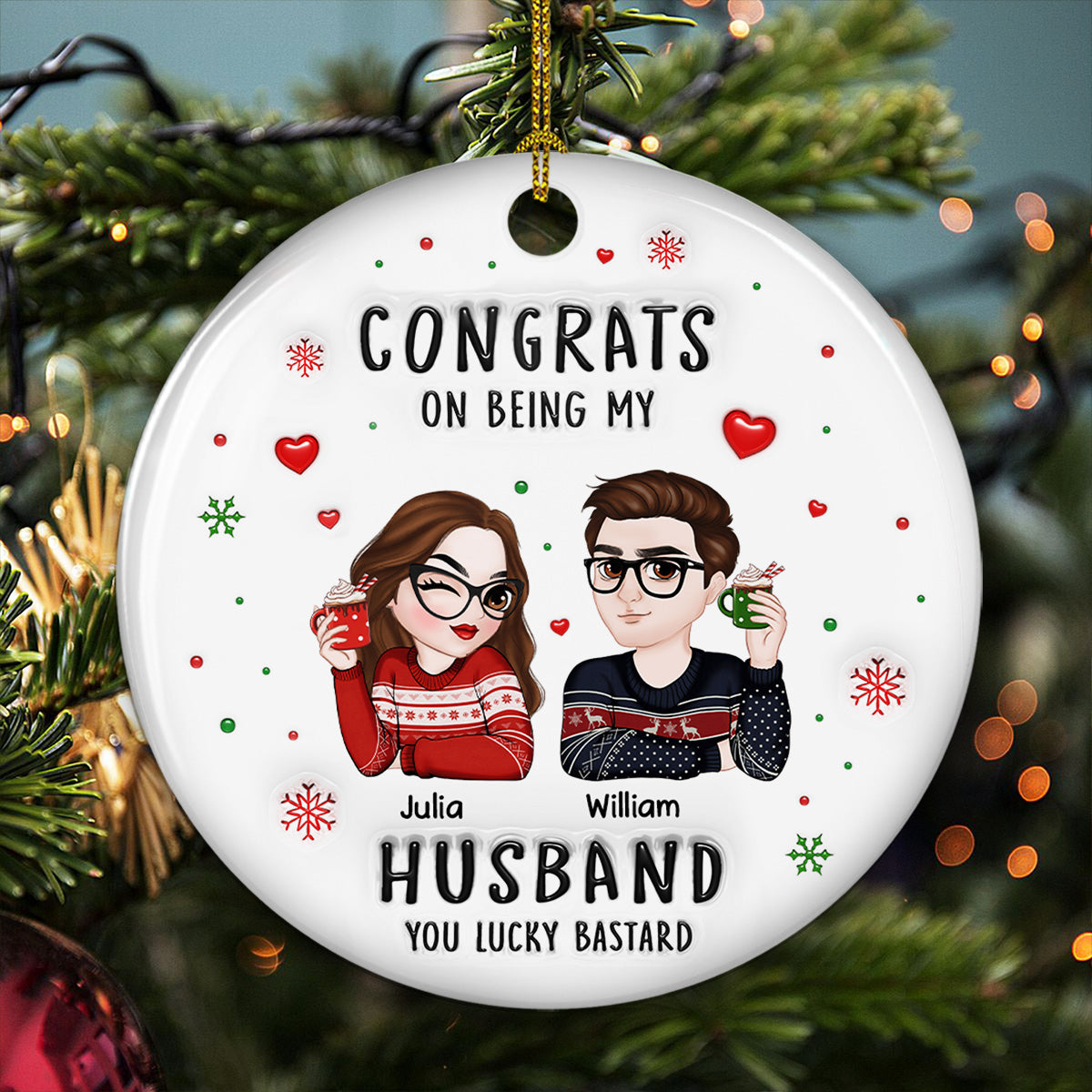 Custom Couple Christmas Ornament, Anniversary Gift •  Congrats My Husband - Personalized 3D Inflated Effect Ceramic Ornament