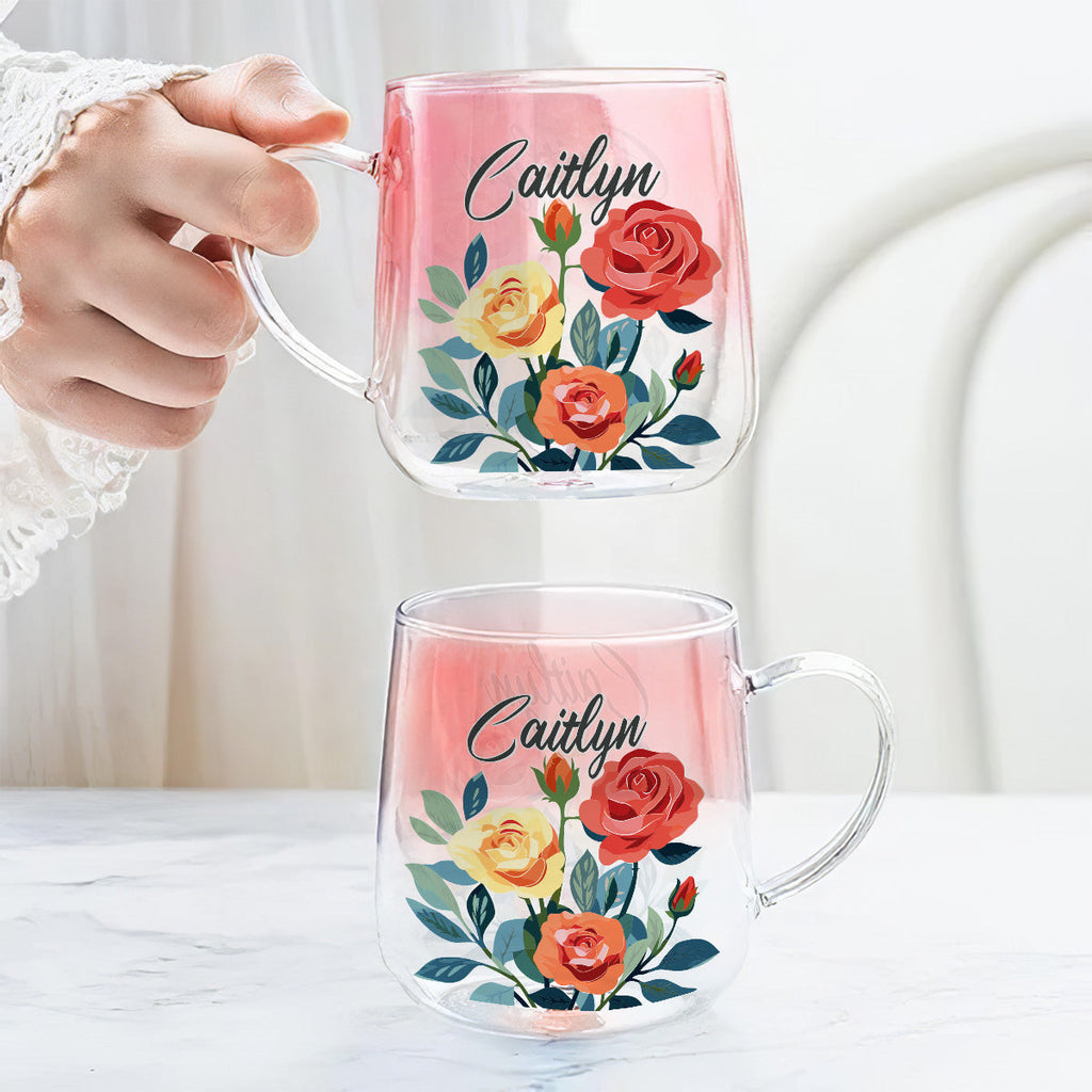 Custom Christmas & Birthday Keepsake Gift • Name Birth Month Flowers - Personalized Pink Gradient Glass Mug
