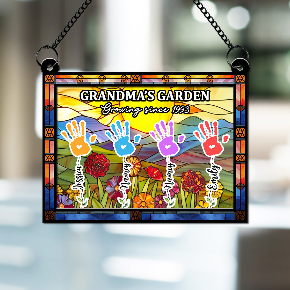 Custom Grandma Hanging Decor, Mother's Day Birthday Gifts • Grandmother Flower Handprint Garden - Personalized Suncatcher