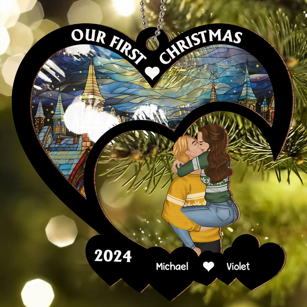 Custom First Christmas Ornament Married, Gift for Newlyweds •  Our First Christmas - Personalized Suncatcher Ornament