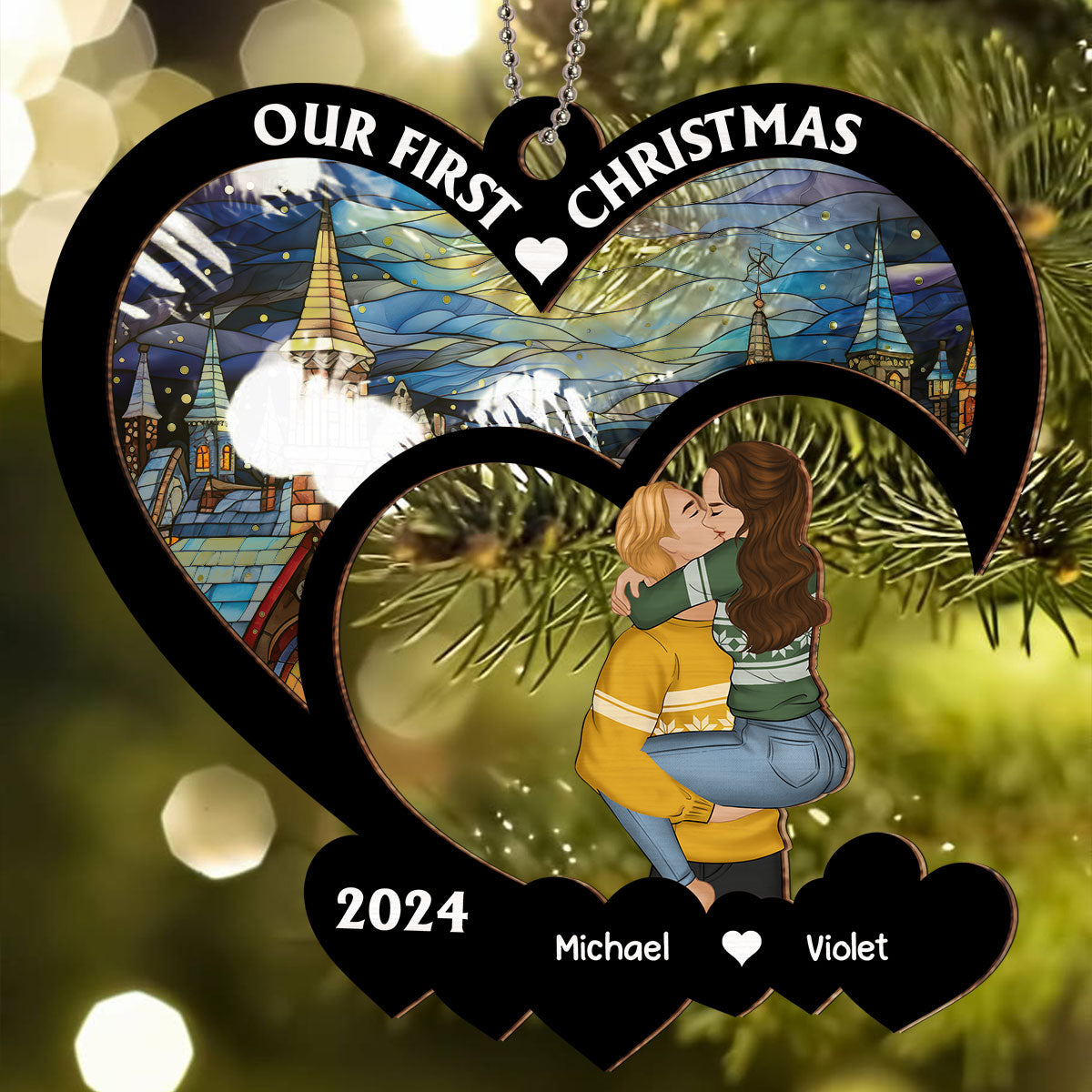 Custom First Christmas Ornament Married, Gift for Newlyweds •  Our First Christmas - Personalized Suncatcher Ornament