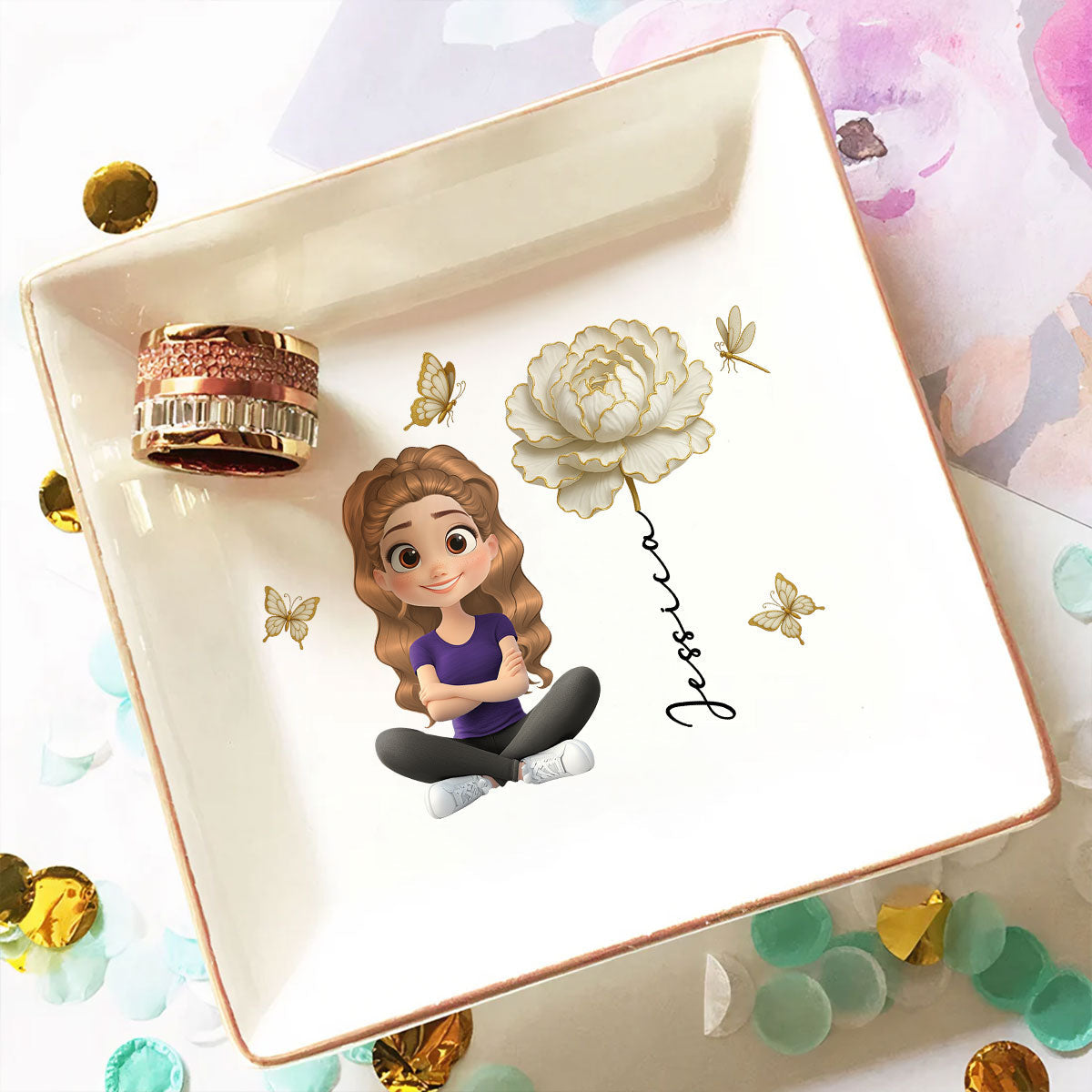 Custom Granddaughter Trinket Dish, Birthday Christmas Gift • Floral Soul - Personalized Jewelry Dish