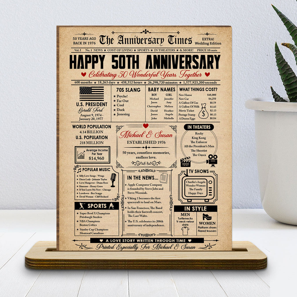 Custom Couple's Decor, Anniversary & Wedding Gift • The Anniversary Times - Personalized 2-Layer Wood Plaque With Flat Base