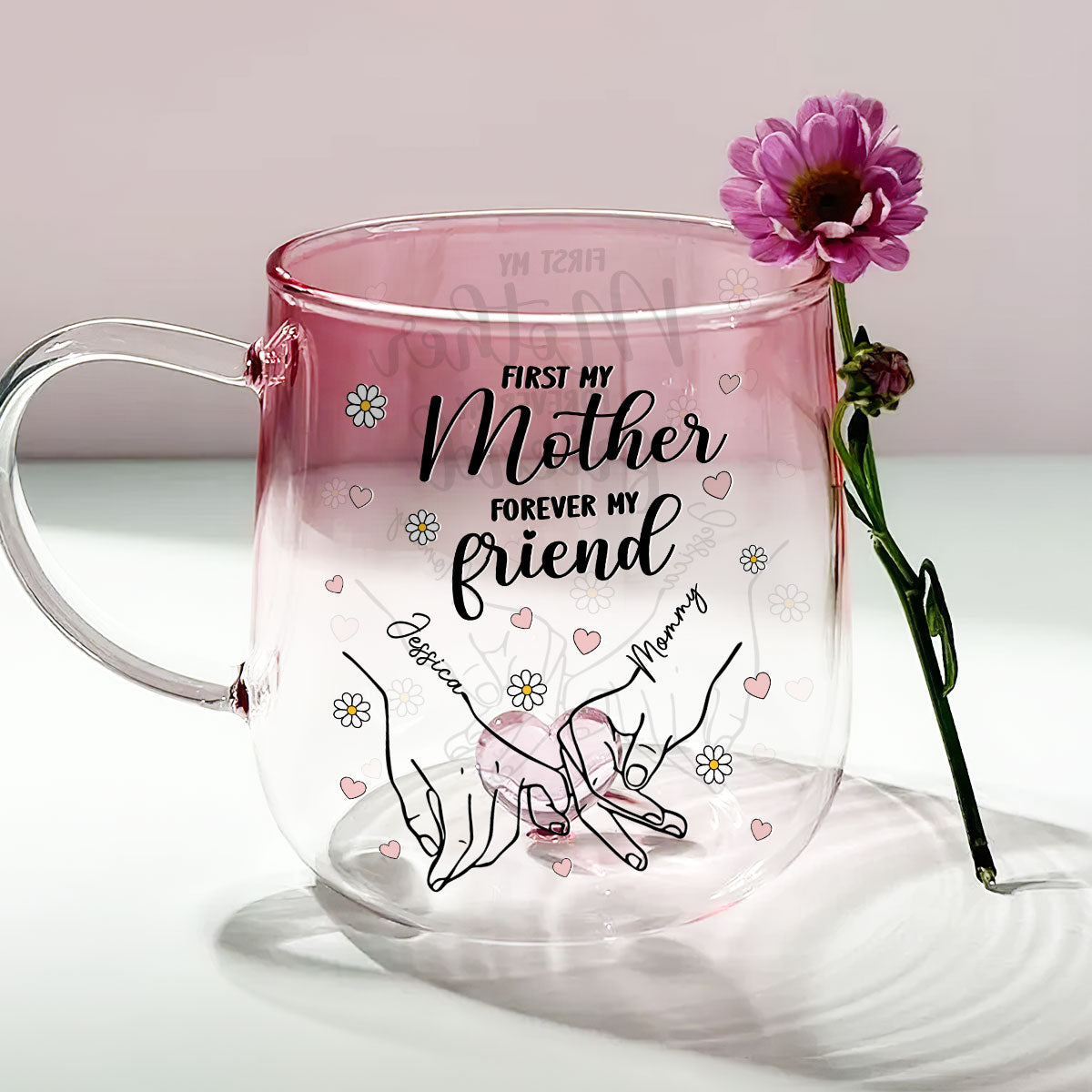 Custom Mother's Day Gift for Mom & Grandma • First My Daughter Forever My Friend - Personalized Pink Gradient Glass Mug