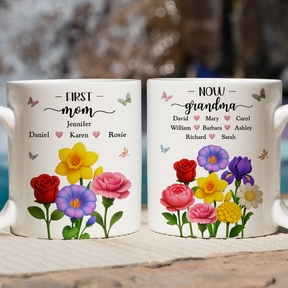 Custom Christmas & Birthday Gift For Grandma • First Mom Now Grandma Floral - Personalized Coffee Mug