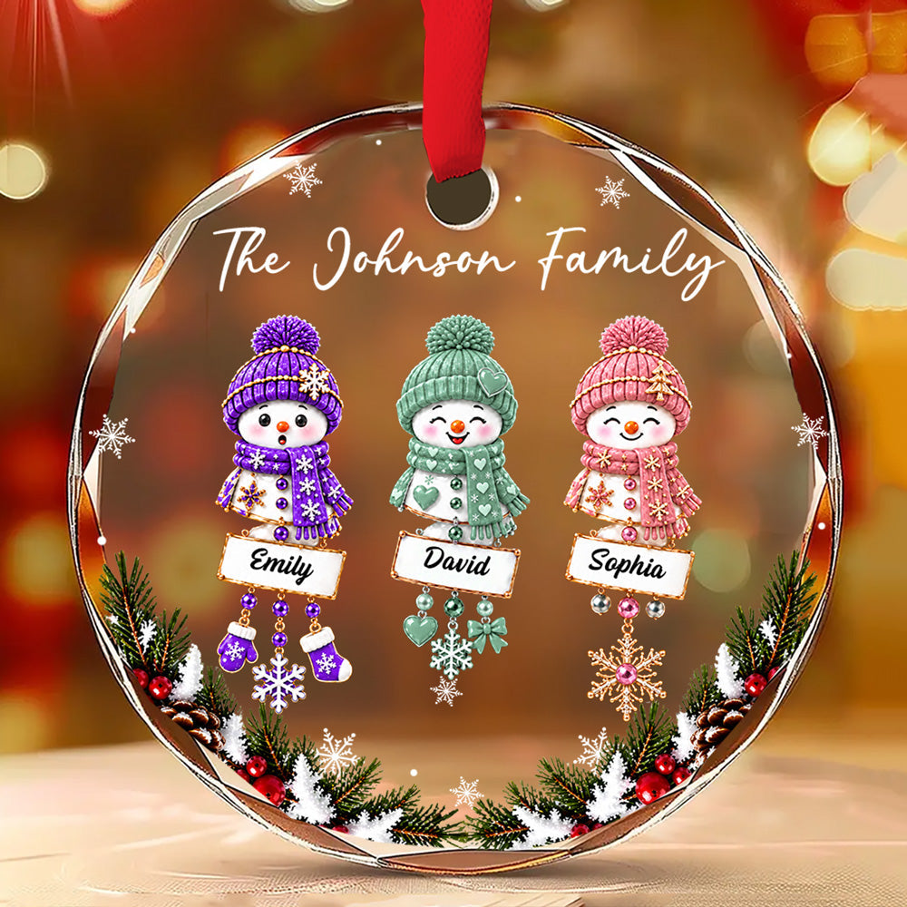Custom Family Ornament, Christmas Gift for Family Members •  Snowman Family - Personalized Glass Ornament