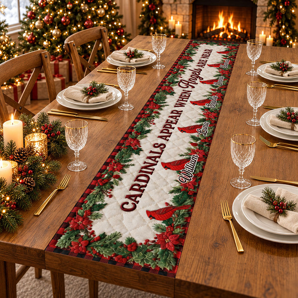 Custom Family Name Christmas Gifts, Holiday Decor Gift • Cardinals Appear When Angels Are Near - Personalized Table Runner