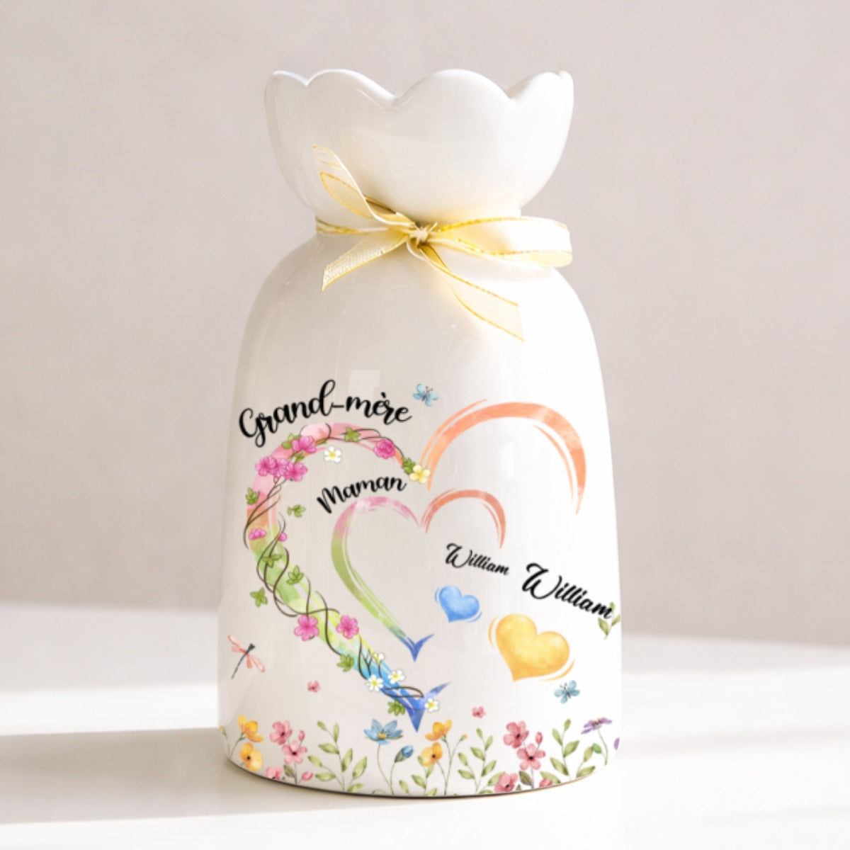 Cœur De Mamie - Vase À Fleurs Personnalisé Avec Ruban