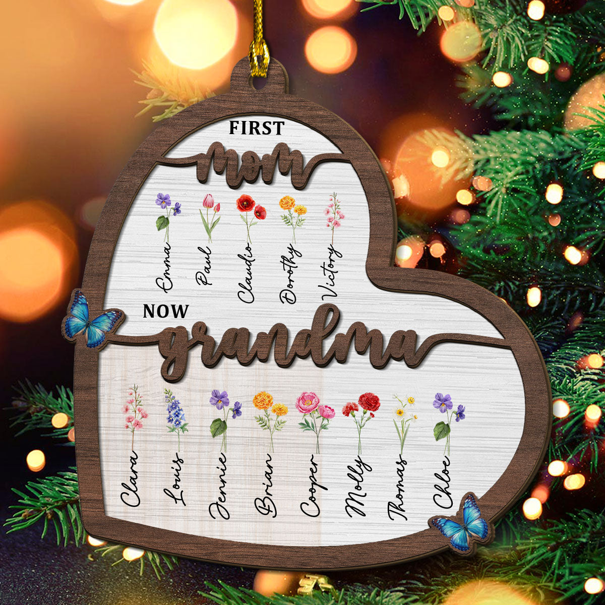 Custom Family Ornament, Christmas Gift for Family Members •  Flower Birth Month Garden Grandma - Personalized 2-layered Wood Ornament