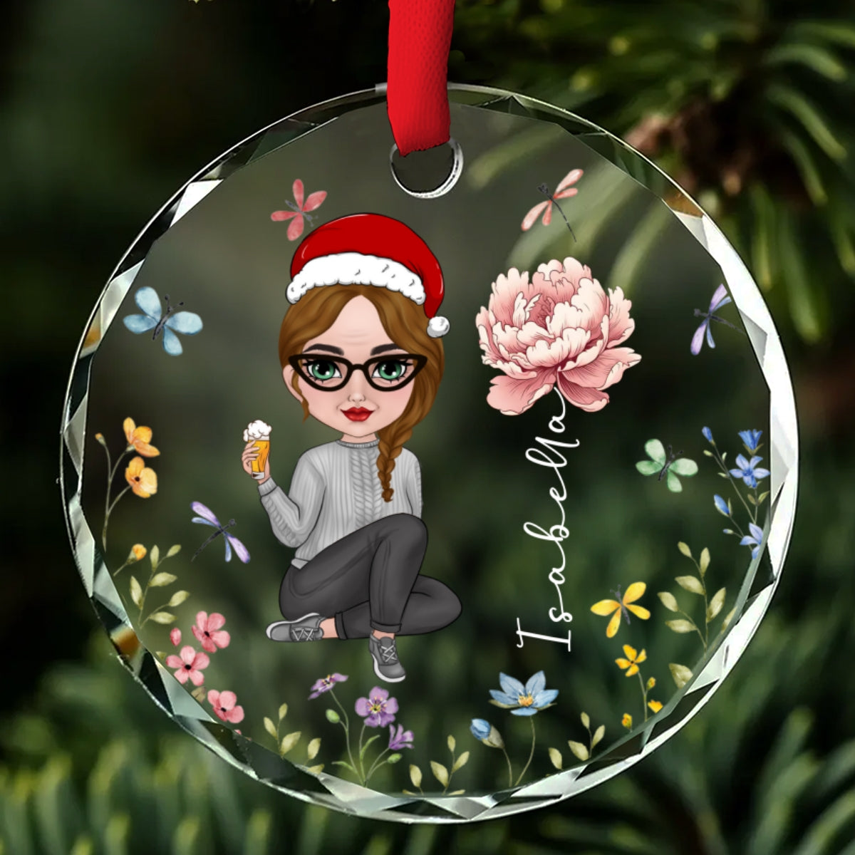 Custom Friendship Christmas Ornament, Best Friend Gift •  Bloom Girl Charm - Personalized Glass Ornament