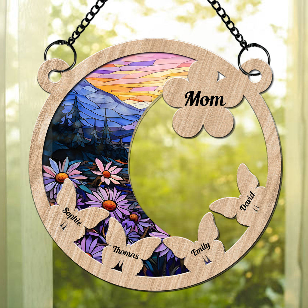 Custom Name Hanging Decor for Mom Daughter, Mother's Day Gifts • Whispers Of Butterflies And Flowers - Personalized Suncatcher