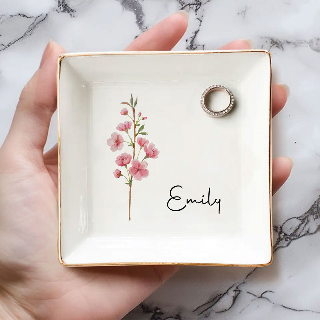 Custom Birth Flower Bestie Trinket Dish, Birthday Christmas Gift For Best Friend • Friends Are Flowers That Never Fade - Personalized Jewelry Dish