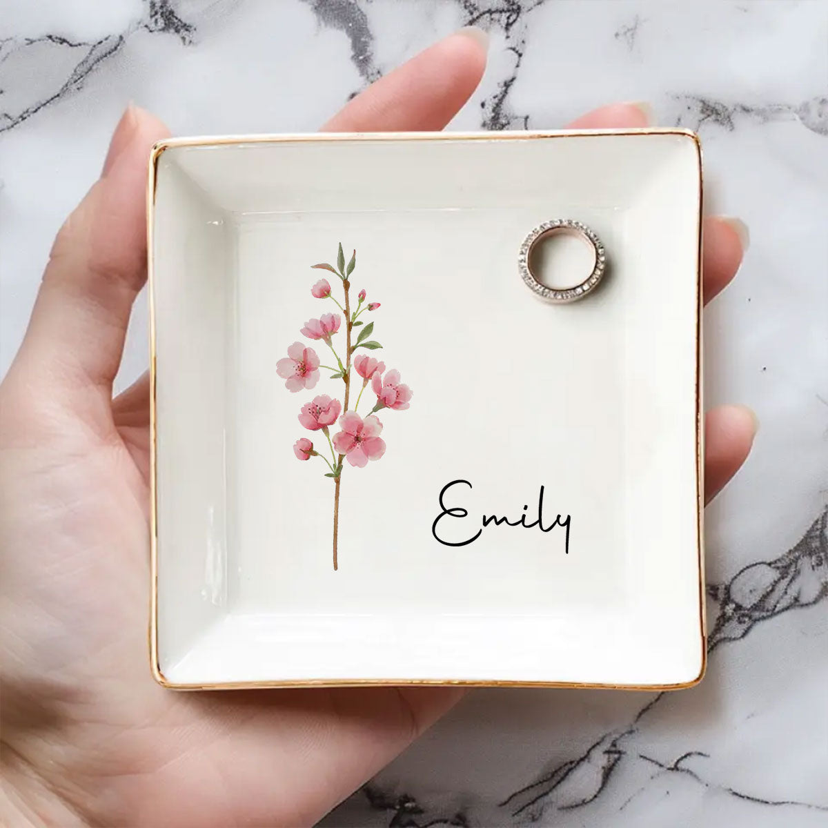 Custom Birth Flower Bestie Trinket Dish, Birthday Christmas Gift For Best Friend • Friends Are Flowers That Never Fade - Personalized Jewelry Dish