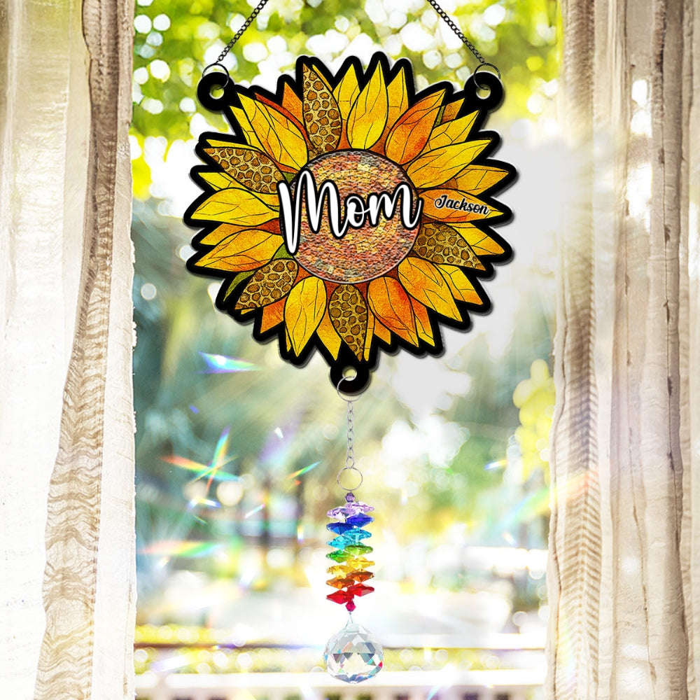 Custom Name Grandma Hanging Decor, Mother's Day Birthday Gifts • Beautiful Sunflower Grandma - Personalized Suncatcher With Crystal Rainbow Charm