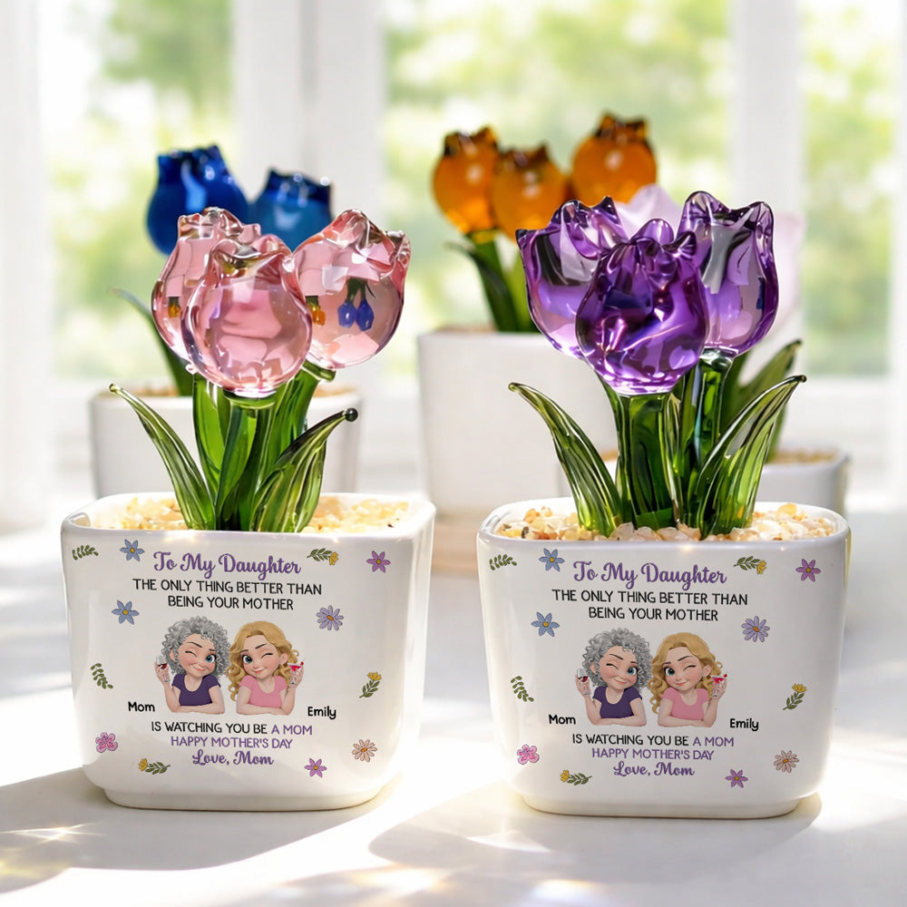 Custom Mother's Day Flower Keepsake, Glass Home Decor Gift for Daughter • Linked Together Cartoon - Personalized Glass Everlasting Tulips