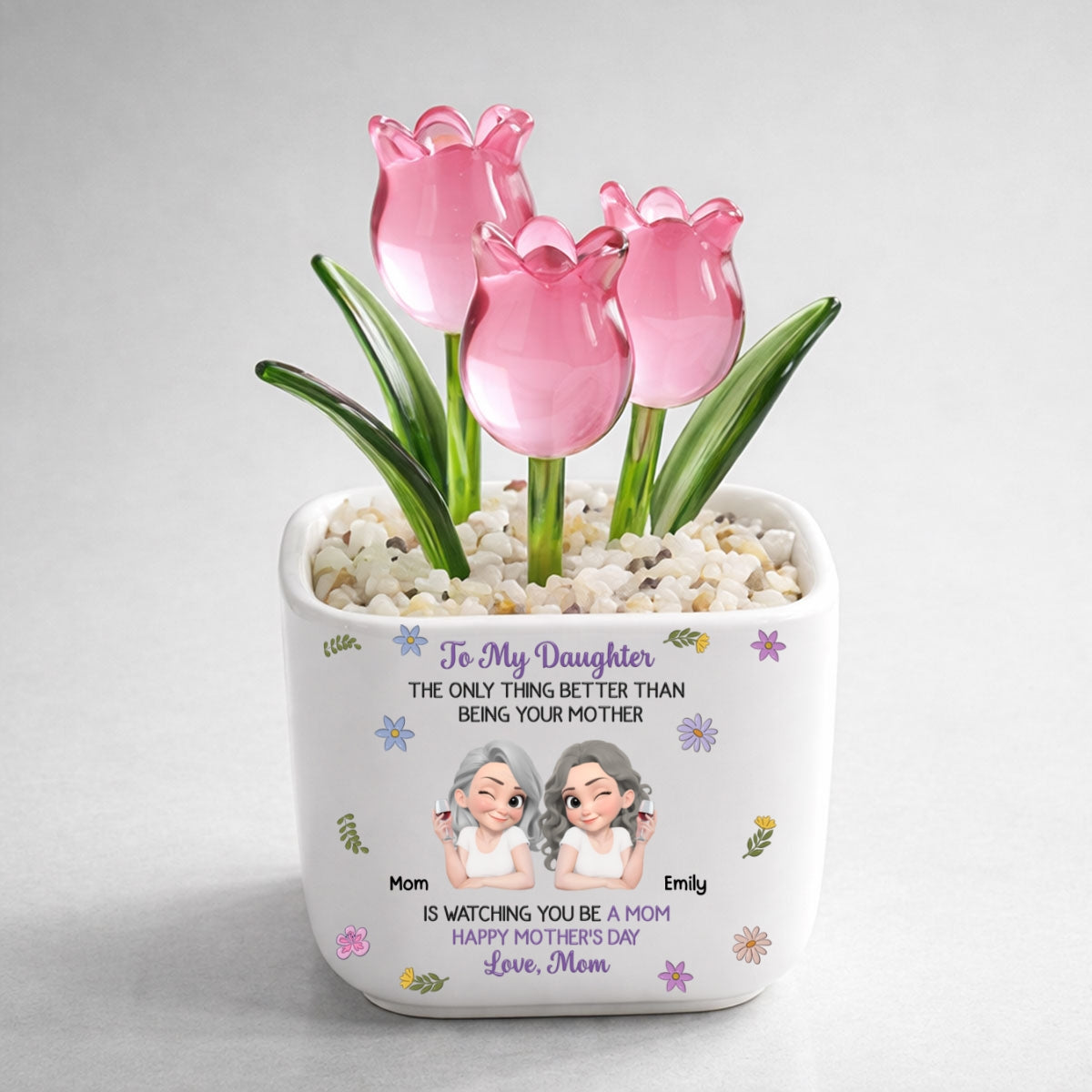 Custom Mother's Day Flower Keepsake, Glass Home Decor Gift for Daughter • Linked Together Cartoon - Personalized Glass Everlasting Tulips
