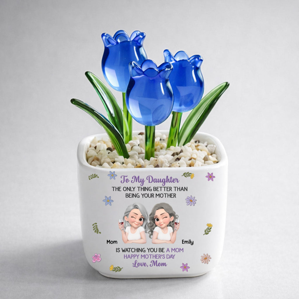 Custom Mother's Day Flower Keepsake, Glass Home Decor Gift for Daughter • Linked Together Cartoon - Personalized Glass Everlasting Tulips