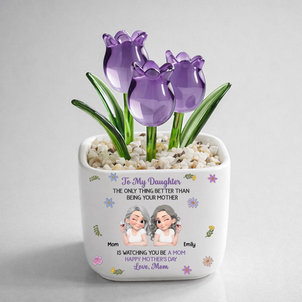 Custom Mother's Day Flower Keepsake, Glass Home Decor Gift for Daughter • Linked Together Cartoon - Personalized Glass Everlasting Tulips