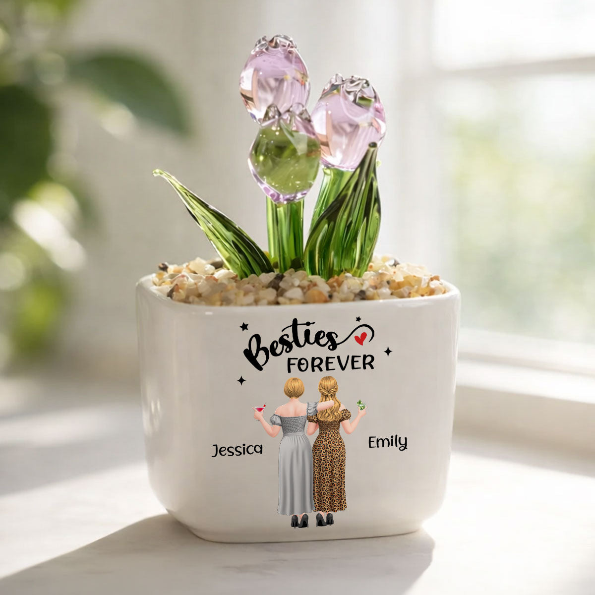 Custom Flower Keepsake, Glass Home Decor Gift for Best Friend • Endless Friendship - Personalized Glass Everlasting Tulips