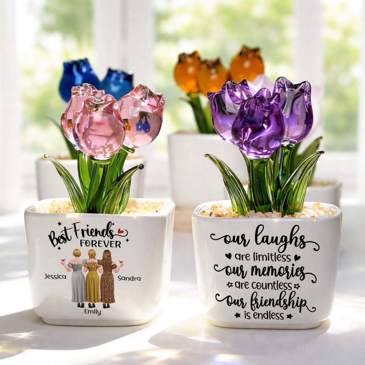 Custom Flower Keepsake, Glass Home Decor Gift for Best Friend • Endless Friendship - Personalized Glass Everlasting Tulips