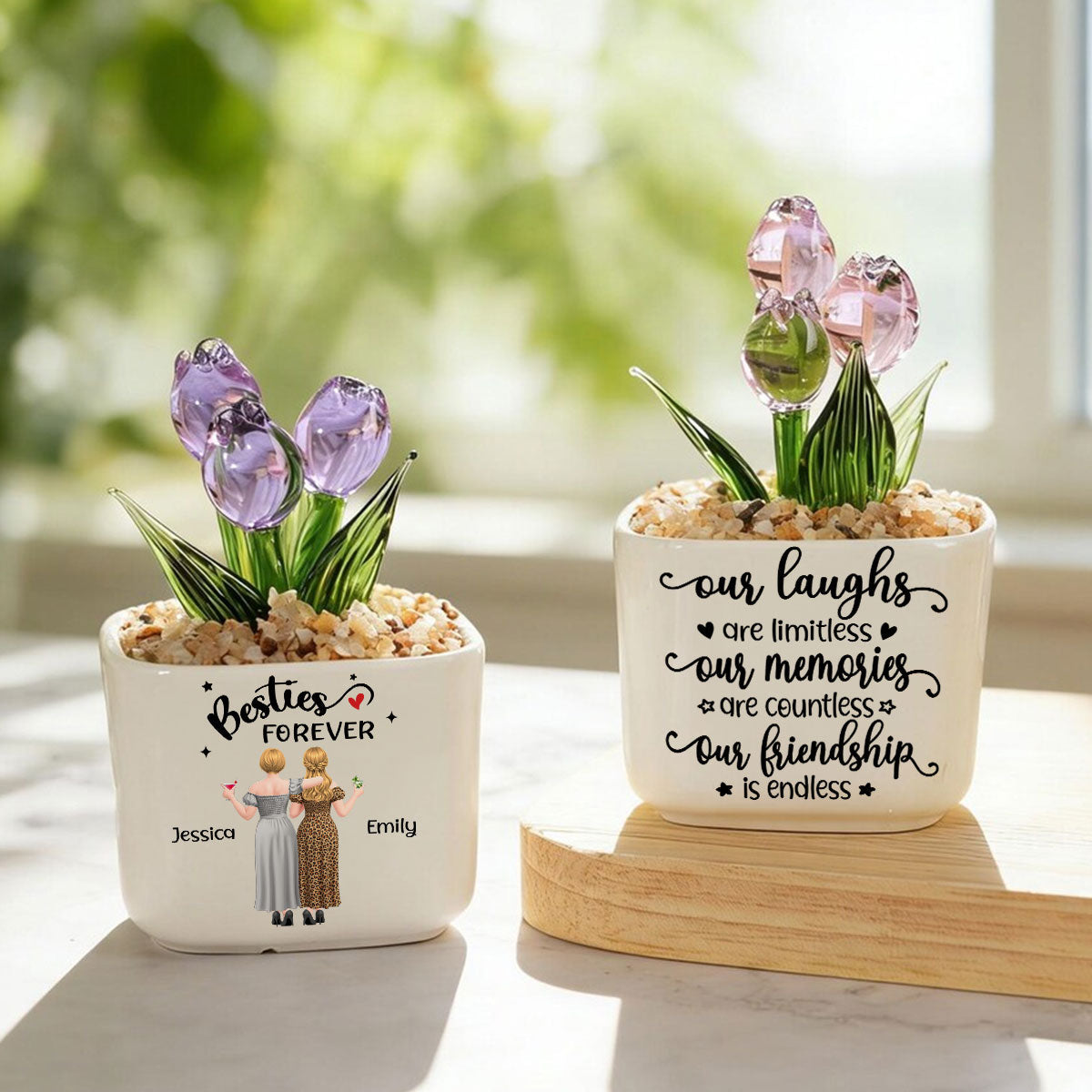 Custom Flower Keepsake, Glass Home Decor Gift for Best Friend • Endless Friendship - Personalized Glass Everlasting Tulips