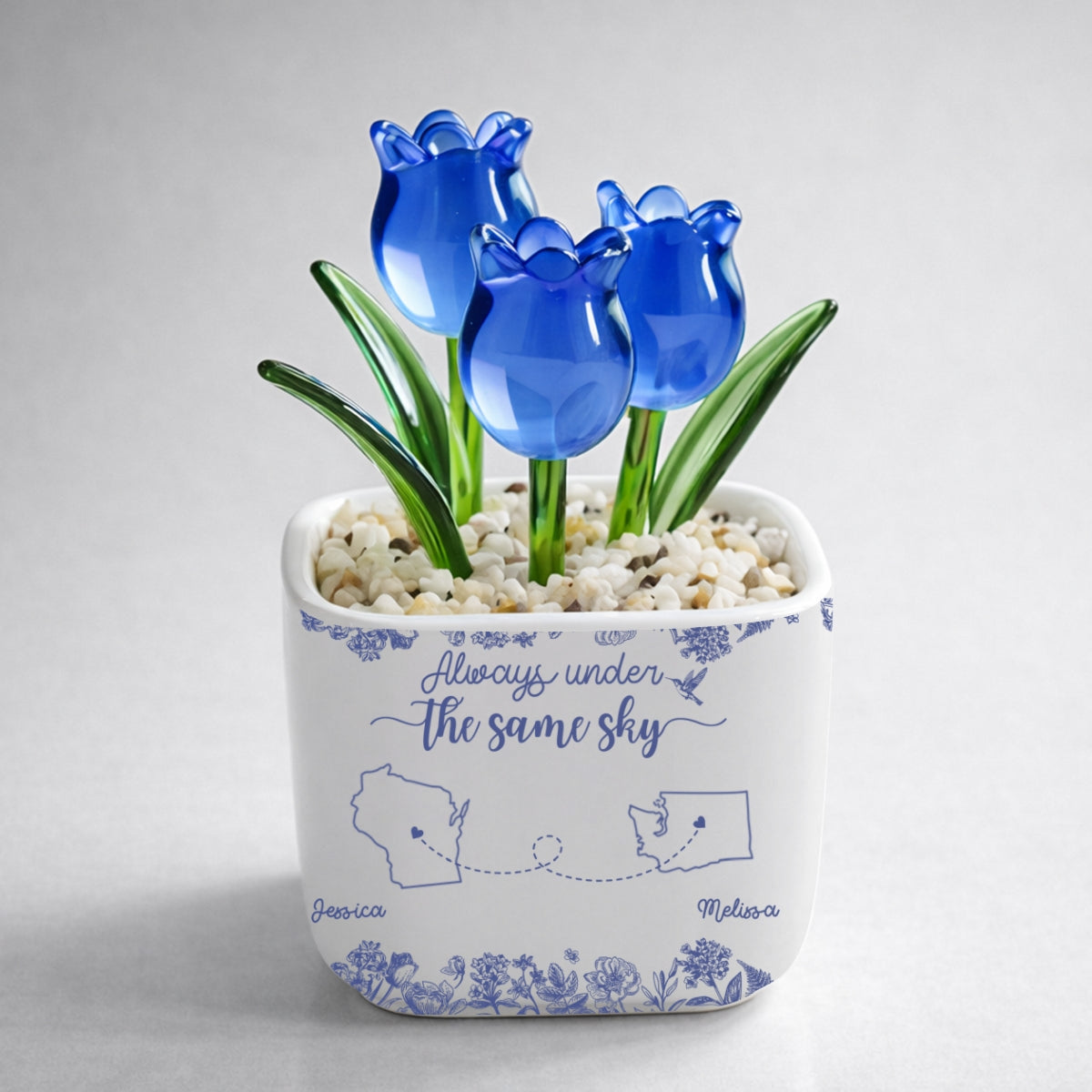 Custom Flower Keepsake, Glass Home Decor Gift for Best Friend • Always Under The Same Sky - Personalized Glass Everlasting Tulips