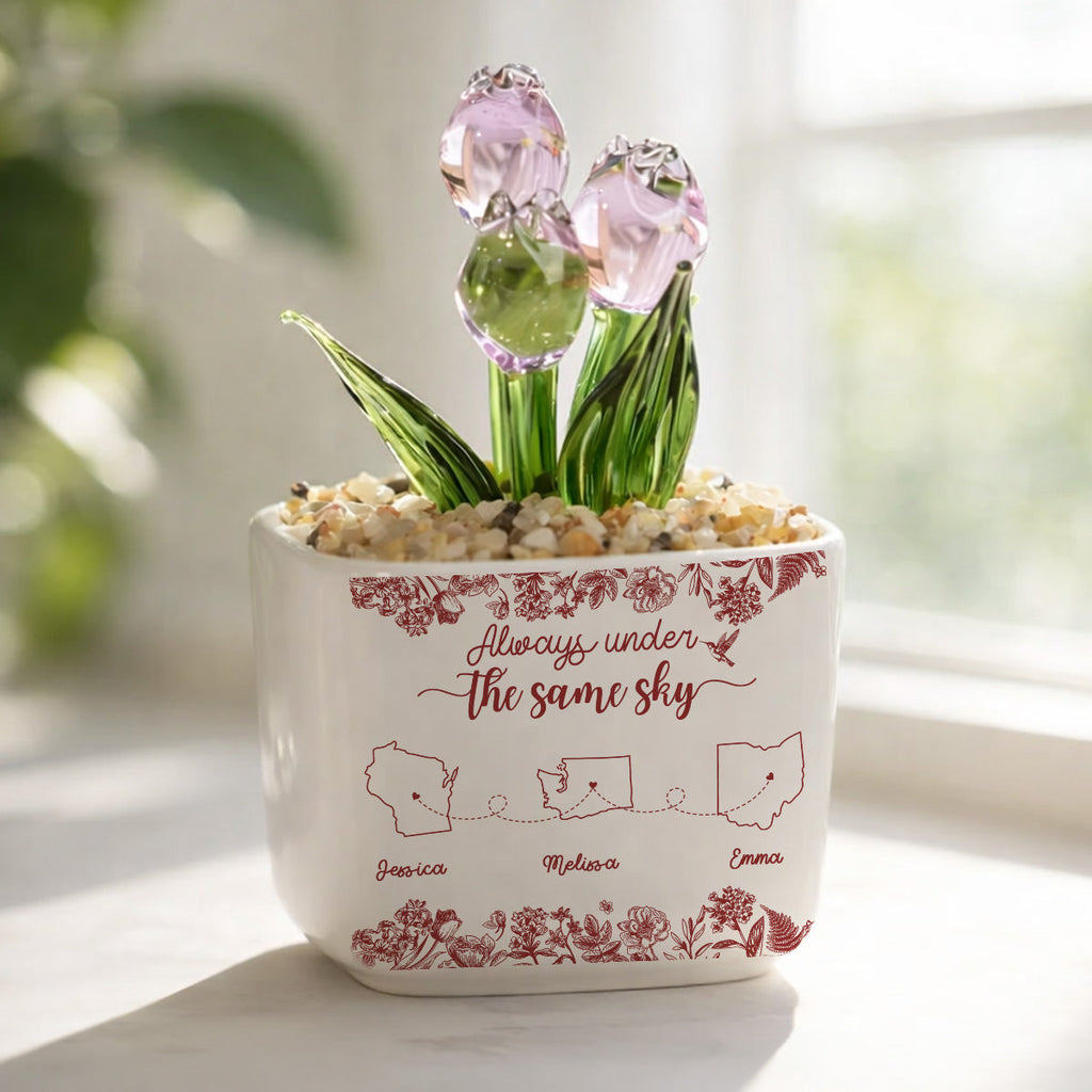 Custom Flower Keepsake, Glass Home Decor Gift for Best Friend • Always Under The Same Sky - Personalized Glass Everlasting Tulips