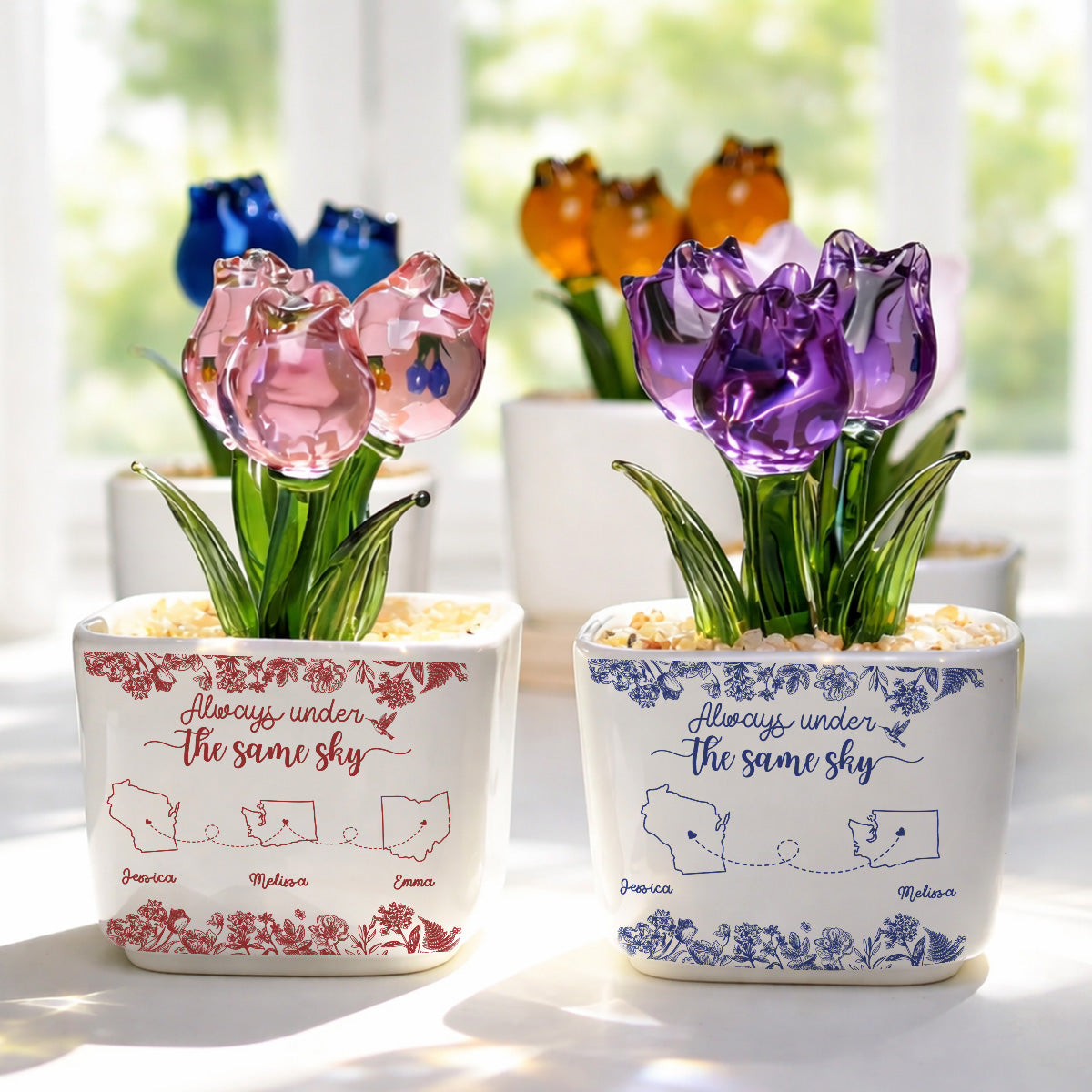 Custom Flower Keepsake, Glass Home Decor Gift for Best Friend • Always Under The Same Sky - Personalized Glass Everlasting Tulips