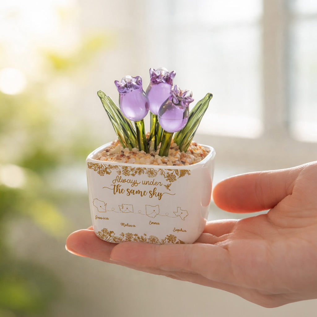 Custom Flower Keepsake, Glass Home Decor Gift for Best Friend • Always Under The Same Sky - Personalized Glass Everlasting Tulips
