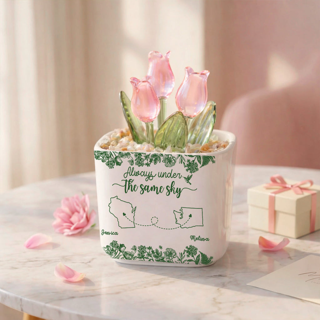 Custom Flower Keepsake, Glass Home Decor Gift for Best Friend • Always Under The Same Sky - Personalized Glass Everlasting Tulips
