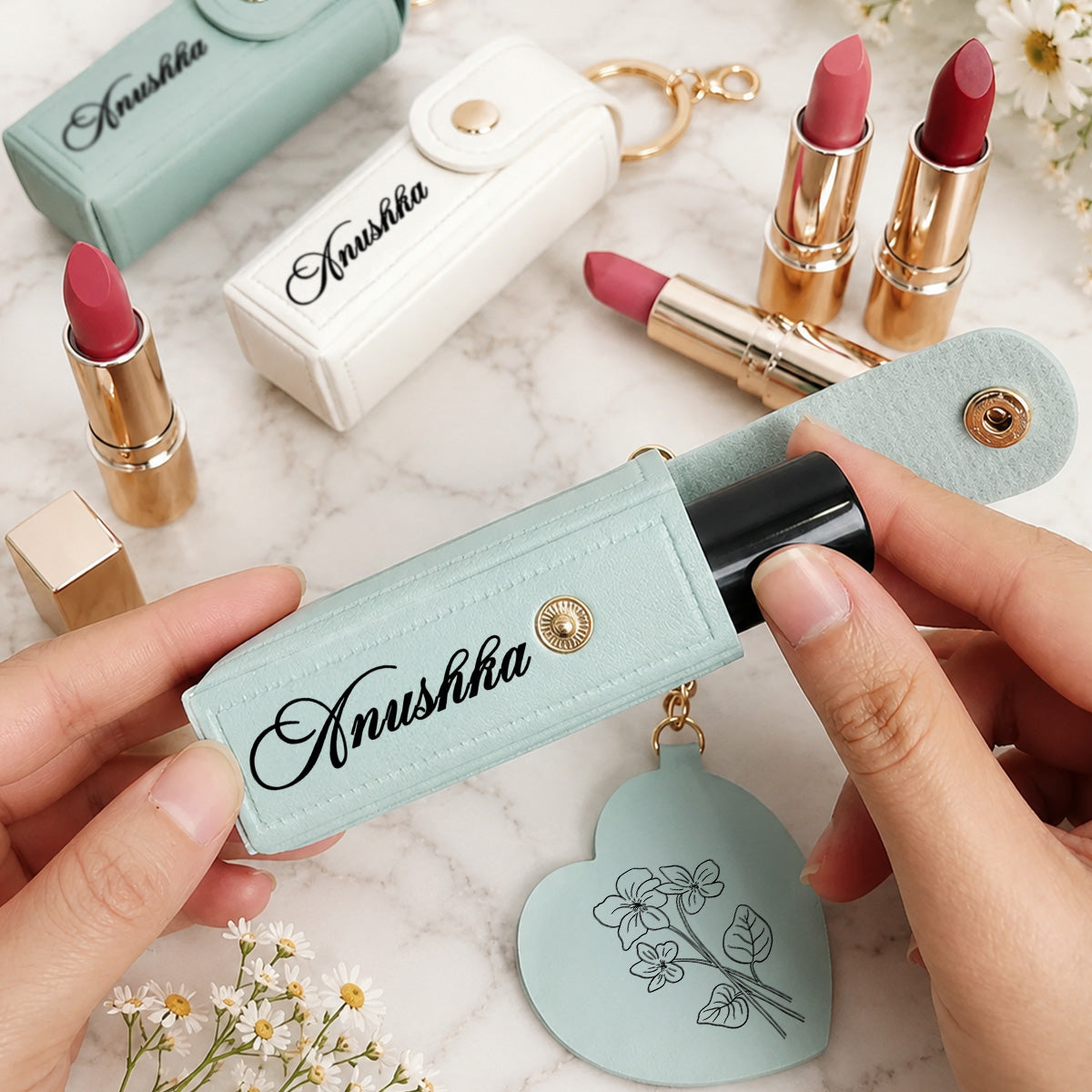 Flowers Named After You- Personalized Leather Lipstick Case Keychain With Mirror