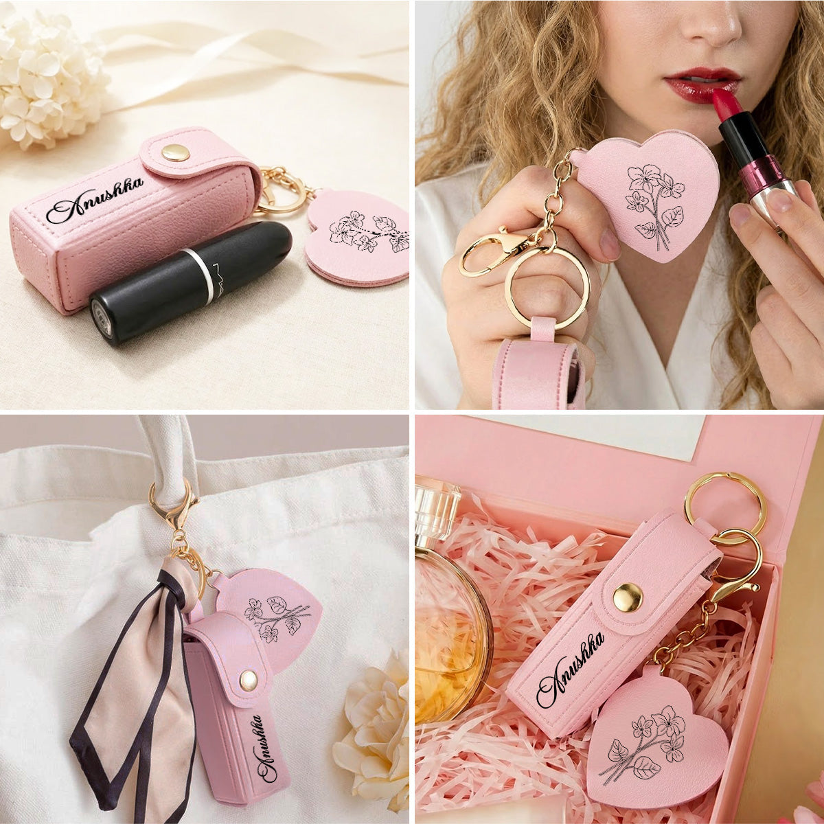 Flowers Named After You- Personalized Leather Lipstick Case Keychain With Mirror