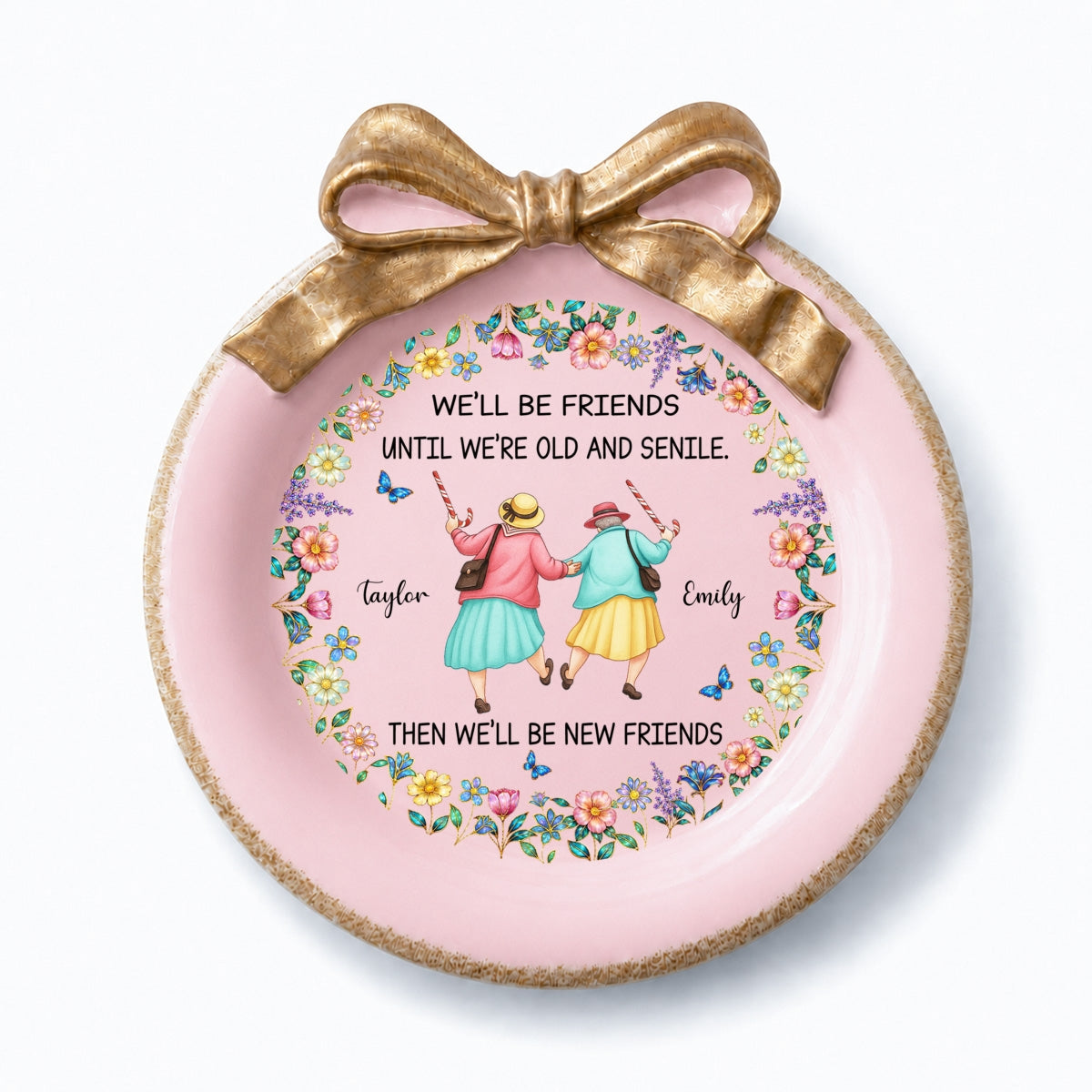 Custom Bestie Ribbon Trinket Dish, Birthday Christmas Gift For Best Friend • Old And Senile - Personalized Bow Jewelry Dish