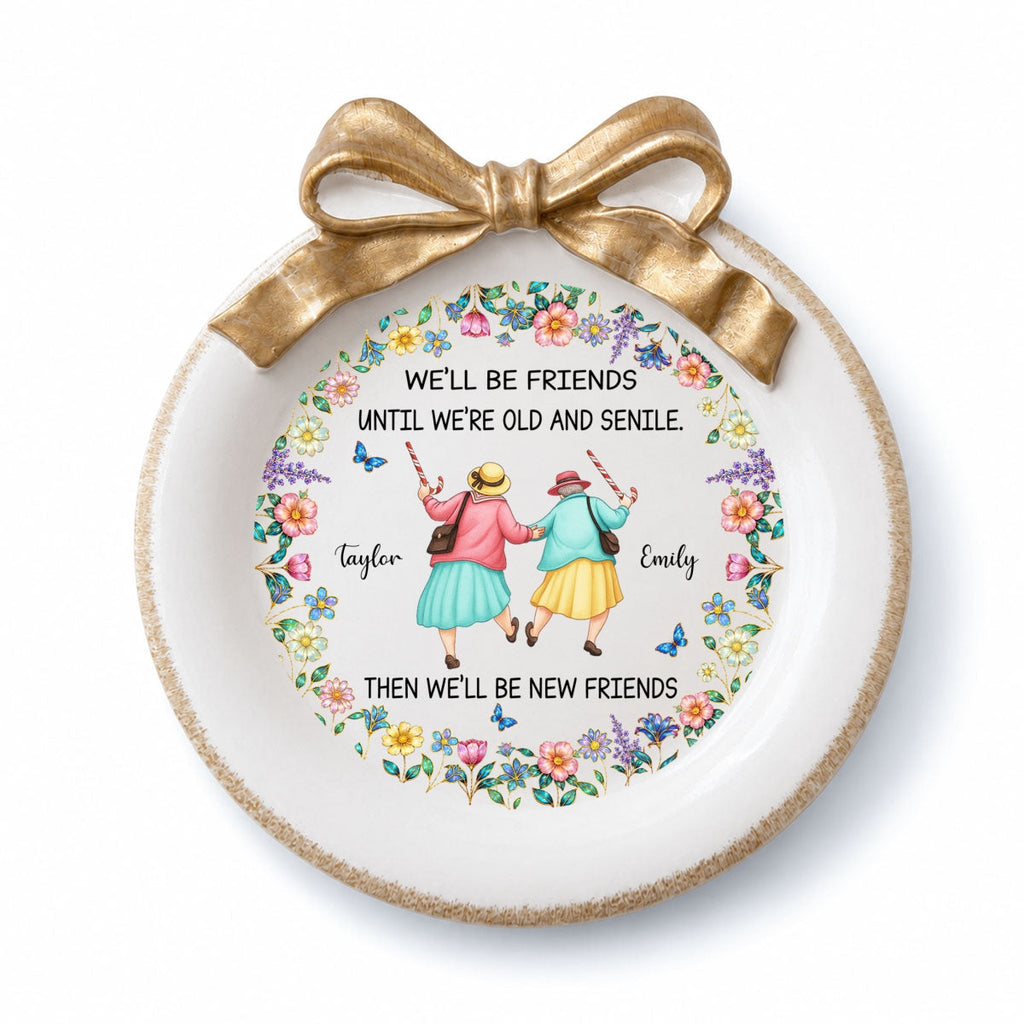Custom Bestie Ribbon Trinket Dish, Birthday Christmas Gift For Best Friend • Old And Senile - Personalized Bow Jewelry Dish